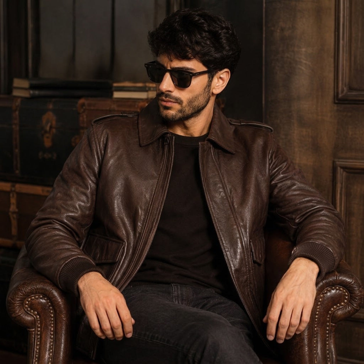 Men's vintage brown leather bomber jacket with ribbed cuffs and brass zipper shown on a wooden hanger against a dark backdrop.