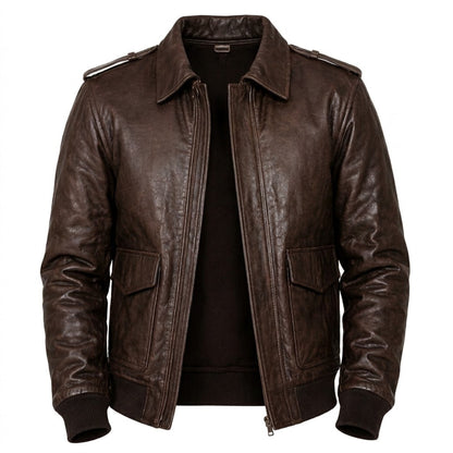Men's vintage brown leather bomber jacket with ribbed cuffs and brass zipper shown on a wooden hanger against a dark backdrop.