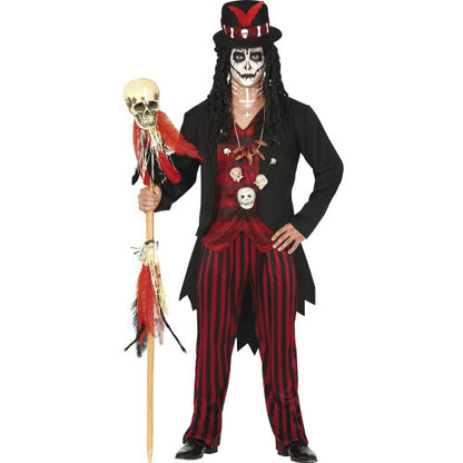 Men's Large Fiestas Guirca Voodoo Witch Doctor Halloween Costume featuring dark layered garments and bone motif details against a plain background.
