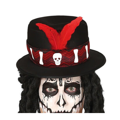 Men's Large Fiestas Guirca Voodoo Witch Doctor Halloween Costume featuring dark layered garments and bone motif details against a plain background.