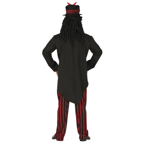 Men's Large Fiestas Guirca Voodoo Witch Doctor Halloween Costume featuring dark layered garments and bone motif details against a plain background.
