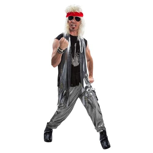 Front view of a male model dressed in an 80s glam rock costume featuring zebra-patterned trousers, a black top, a head bandana, and a tattered scarf against a white background.