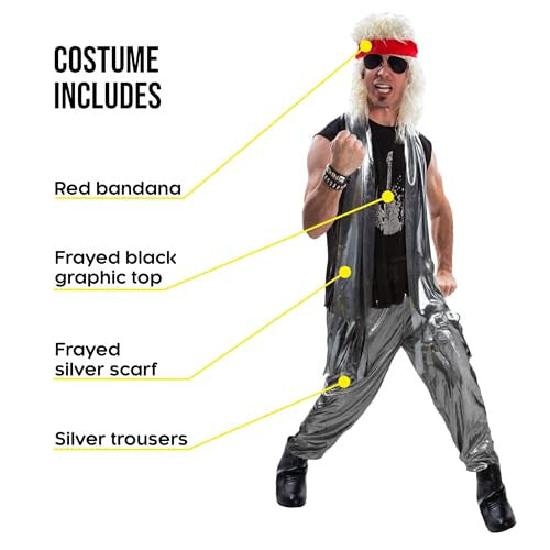 Front view of a male model dressed in an 80s glam rock costume featuring zebra-patterned trousers, a black top, a head bandana, and a tattered scarf against a white background.