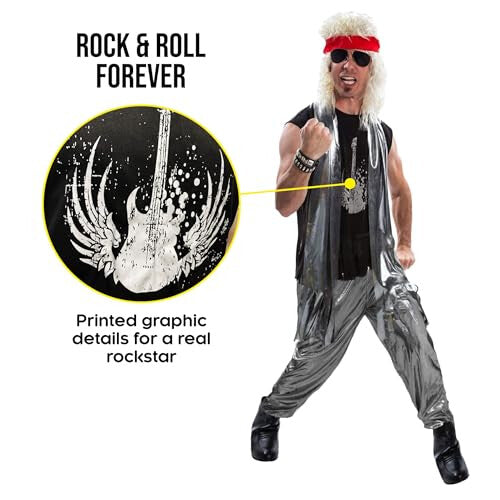 Front view of a male model dressed in an 80s glam rock costume featuring zebra-patterned trousers, a black top, a head bandana, and a tattered scarf against a white background.