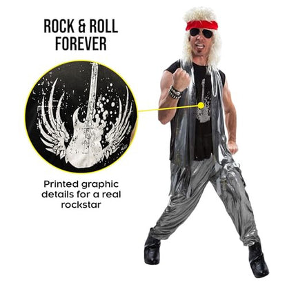 Front view of a male model dressed in an 80s glam rock costume featuring zebra-patterned trousers, a black top, a head bandana, and a tattered scarf against a white background.
