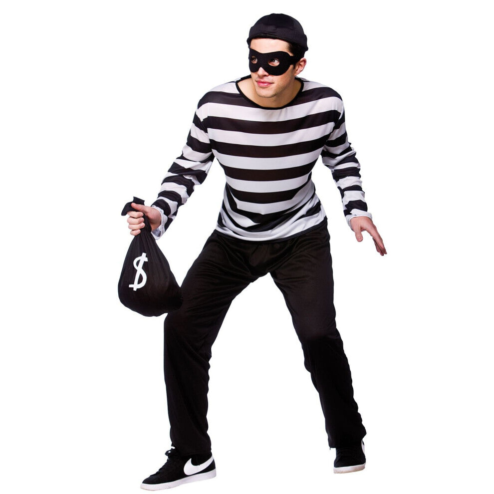 Front view of the Mens Large Burglar Costume featuring a black and white striped shirt, black trousers, black eye mask, hat, and dollar sign swag bag against a plain background.