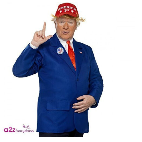 Front view of the Smiffys Mens Donald Trump American President Fancy Dress Costume set up for Halloween outfit styling.