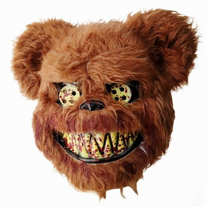 Front view of a dark brown plastic scary bear costume mask for men displayed against a neutral background for Halloween cosplay.