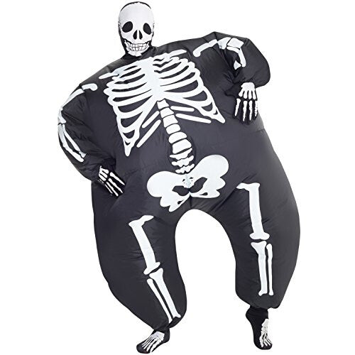 Front view of a man wearing the inflated Morph black and white skeleton MegaMorph costume standing in a brightly lit party setting.