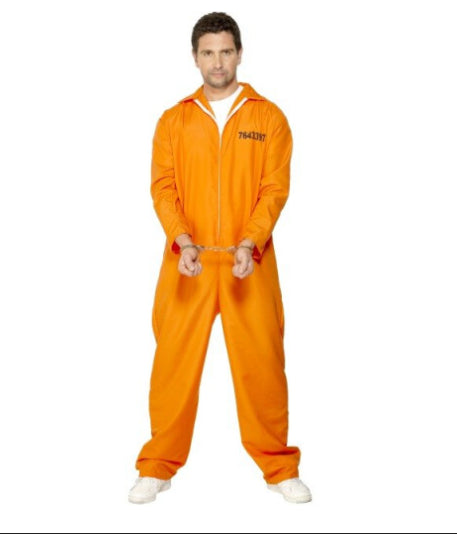 Front view of a men's large orange escaped prisoner costume jumpsuit on a mannequin isolated against a clean background.