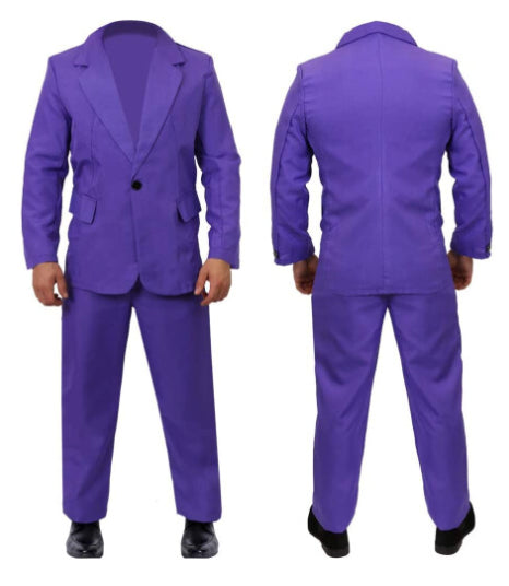 Front view of the Mens Laughing Man small purple suit jacket and matching trousers displayed on a mannequin against a clean background.
