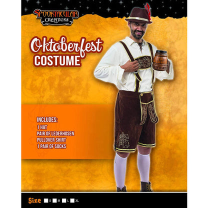 Front view of a man wearing a dark green Oktoberfest lederhosen costume set with brown embroidered suspenders, lace-up shirt, white knee socks, and a green Bavarian Alpine hat.