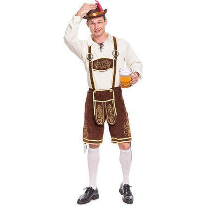 Front view of a man wearing a dark green Oktoberfest lederhosen costume set with brown embroidered suspenders, lace-up shirt, white knee socks, and a green Bavarian Alpine hat.