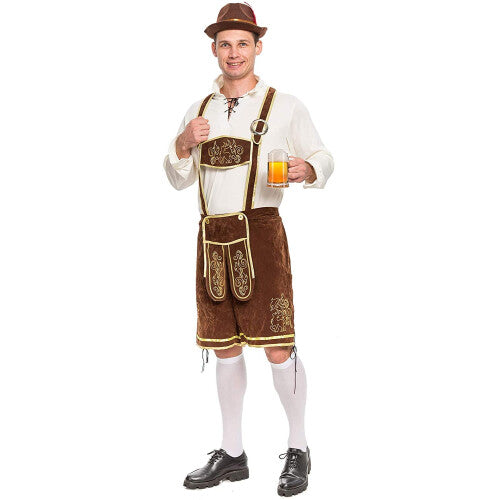 Front view of a man wearing a dark green Oktoberfest lederhosen costume set with brown embroidered suspenders, lace-up shirt, white knee socks, and a green Bavarian Alpine hat.