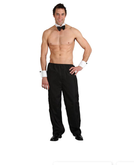 Front view of the Mens Party Boy Stripper Costume showing black tear-away trousers, silver metallic thong, white cuffs, and collar with black bow tie.