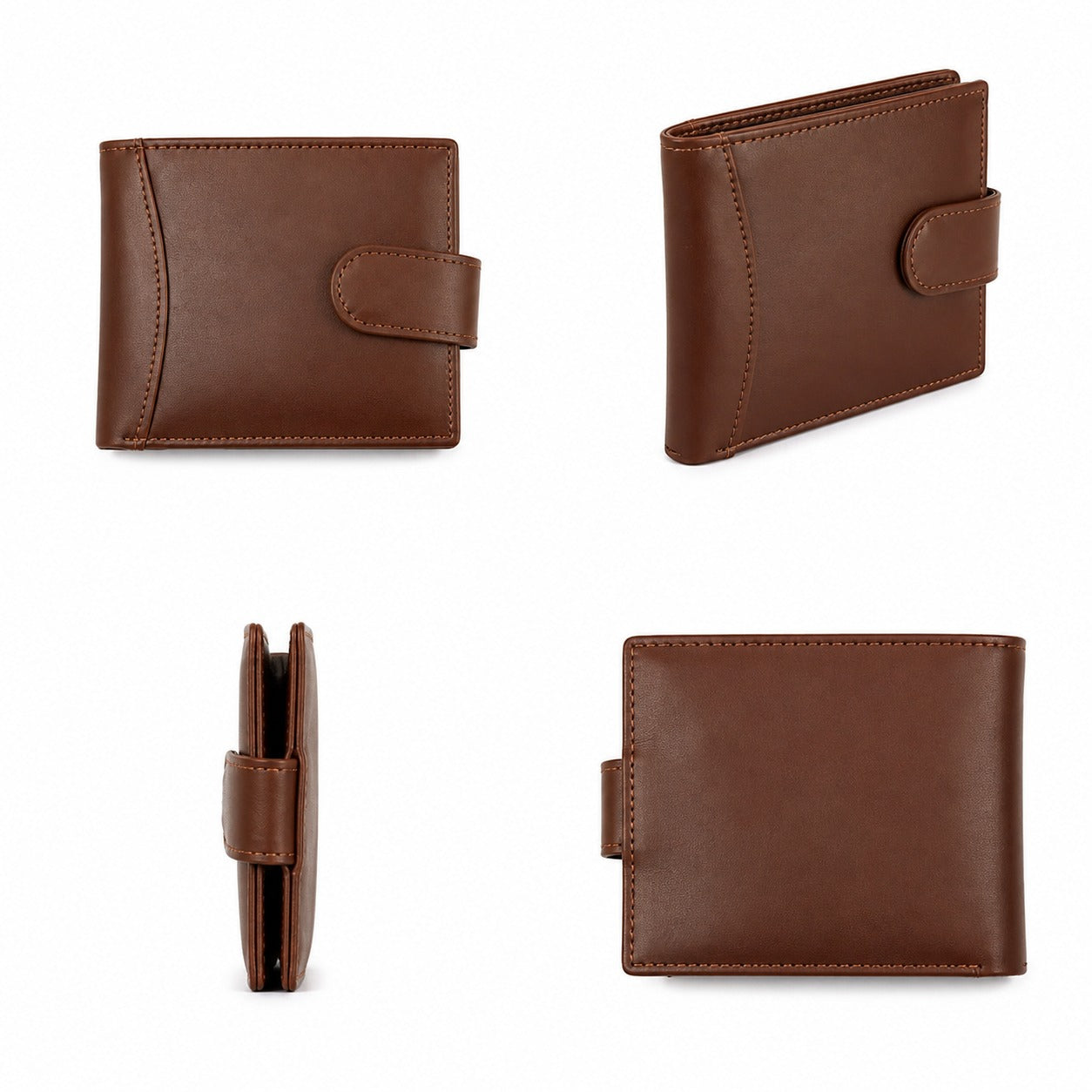 Ultra slim brown 100% genuine leather men's wallet laid out on a clean surface showing neat edge stitching and leather-lined card slots.