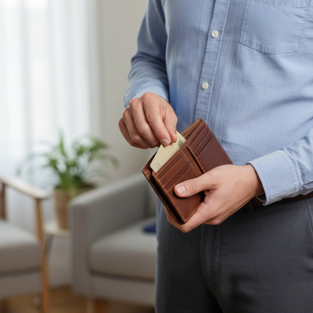 Ultra slim brown 100% genuine leather men's wallet laid out on a clean surface showing neat edge stitching and leather-lined card slots.