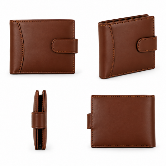 Ultra slim brown 100% genuine leather men's wallet laid out on a clean surface showing neat edge stitching and leather-lined card slots.