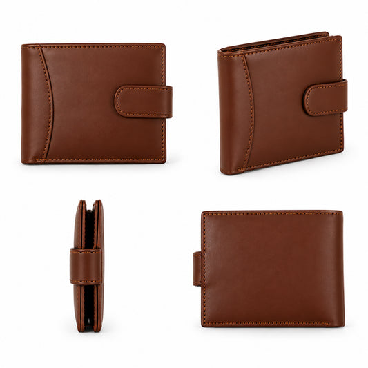 Ultra slim brown 100% genuine leather men's wallet laid out on a clean surface showing neat edge stitching and leather-lined card slots.