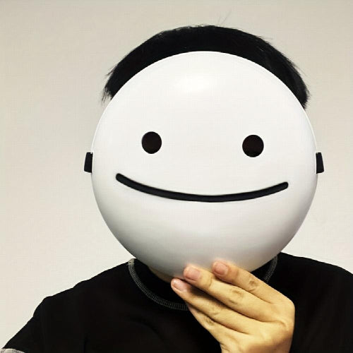 Front view of a white PVC smiling Halloween mask featuring a bold black grin displayed against a clean background.