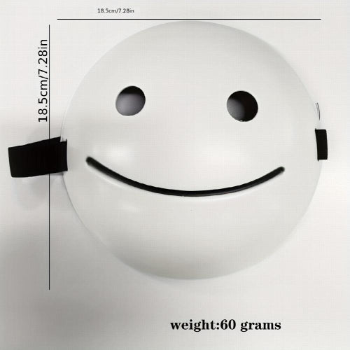 Front view of a white PVC smiling Halloween mask featuring a bold black grin displayed against a clean background.