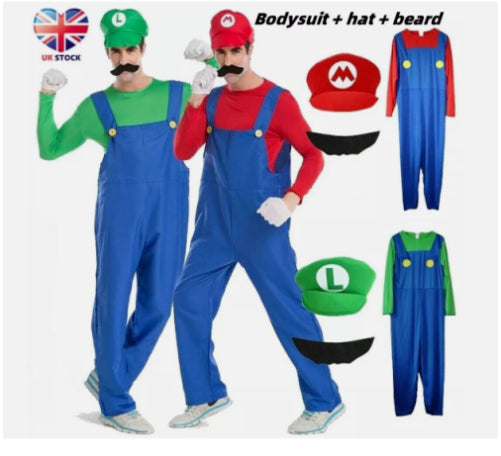 Front view of a man wearing the red Super Mario plumber overall costume and hat in a studio setting.