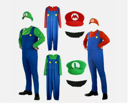 Front view of a man wearing the red Super Mario plumber overall costume and hat in a studio setting.