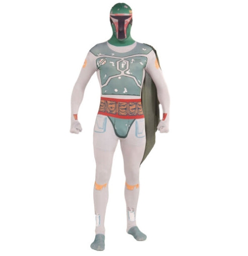 Front view of a man wearing an officially licensed Extra Large grey and green Boba Fett 2nd skin stretch suit with cape and hood.