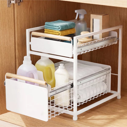 The Mesa 2-Tier Organiser with Drawers displayed on a countertop, showcasing its stacked metal wire drawers, robust frame, and wooden accent handles.