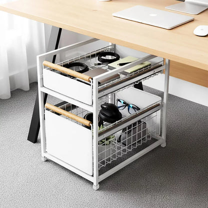 The Mesa 2-Tier Organiser with Drawers displayed on a countertop, showcasing its stacked metal wire drawers, robust frame, and wooden accent handles.