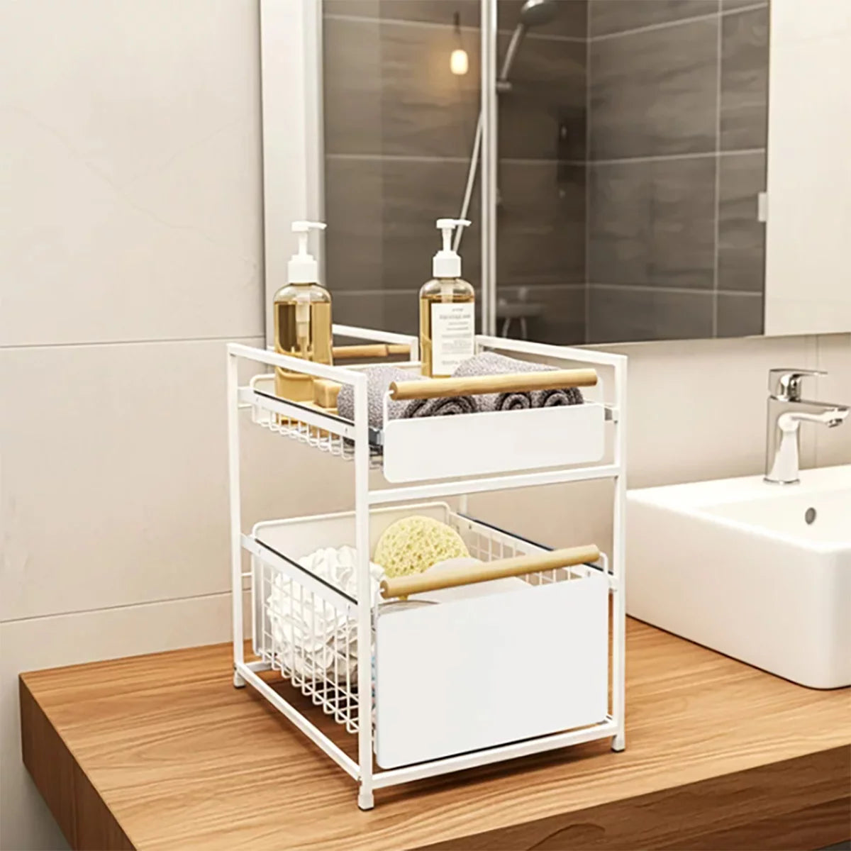 The Mesa 2-Tier Organiser with Drawers displayed on a countertop, showcasing its stacked metal wire drawers, robust frame, and wooden accent handles.