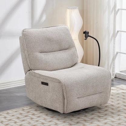 Front-facing studio view of the Meteor beige textured fabric power reclining swivel chair, highlighting its neat silhouette, adjustable integrated wireless phone charging arm, and subtle side-mounted power control buttons.