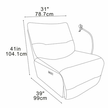 Front three-quarter angle of the Meteor grey fabric power reclining swivel chair, highlighting its plush textured weave, modern armrests, adjustable wireless charging phone cradle, and metallic swivel base.