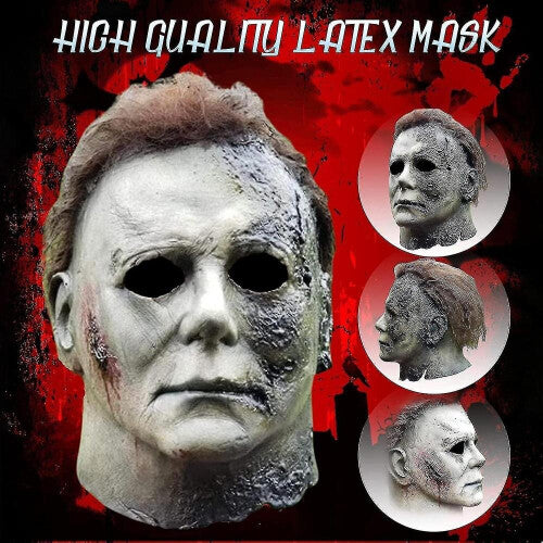 Front angle view of a realistic full face pale Michael Myers latex horror mask showcasing sculpted hair and neck details on a neutral background.