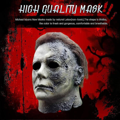 Front angle view of a realistic full face pale Michael Myers latex horror mask showcasing sculpted hair and neck details on a neutral background.