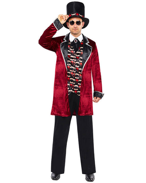 Full-length view of the Midnight Vampire adult costume featuring a dark velvet cape with rich crimson lining and structured high collar.