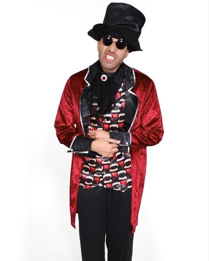 Full-length view of the Midnight Vampire adult costume featuring a dark velvet cape with rich crimson lining and structured high collar.