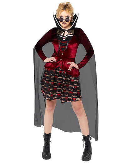 Front view of the Midnight Vampiress adult costume featuring a floor-length black gown with red velvet bodice paneling and a dramatic high collar.