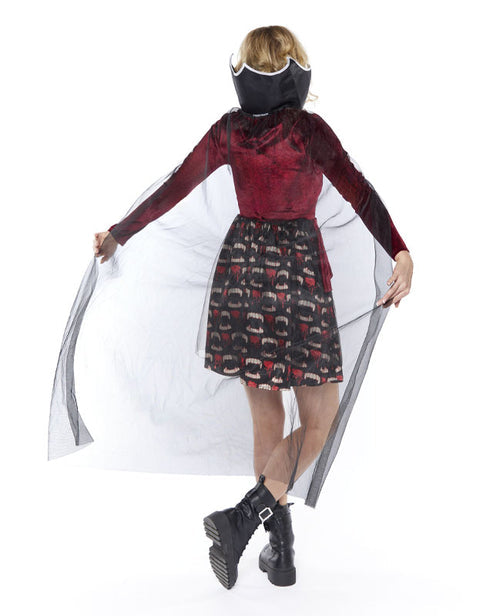 Front view of the Midnight Vampiress adult costume featuring a floor-length black gown with red velvet bodice paneling and a dramatic high collar.