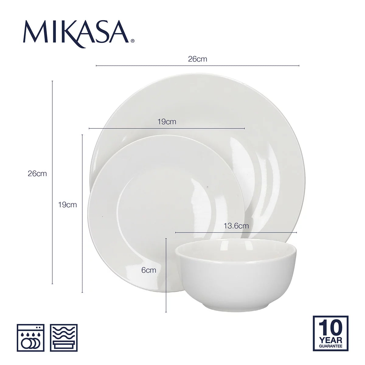 The Mikasa Alexis 12-Piece Porcelain Dinnerware Set neatly arranged on a table, highlighting its clean white finish and modern coupe-style plates and bowls.
