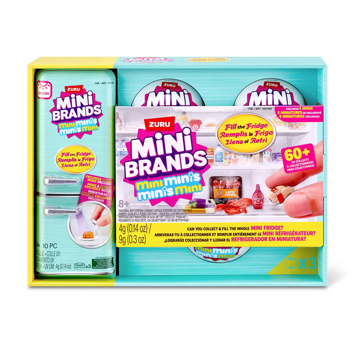 Front angle view of the Mini Brands Fill the Fridge playset showing an open mini refrigerator filled with miniature grocery items alongside five surprise capsules on a white surface.