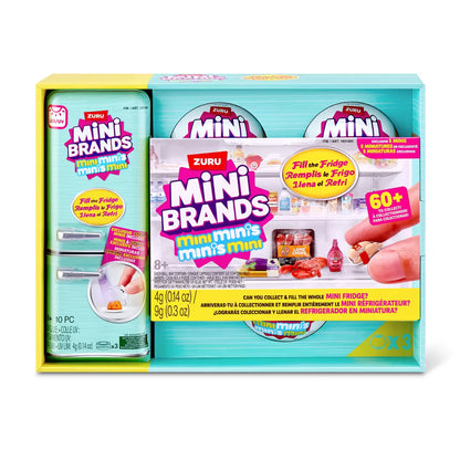 Front angle view of the Mini Brands Fill the Fridge playset showing an open mini refrigerator filled with miniature grocery items alongside five surprise capsules on a white surface.