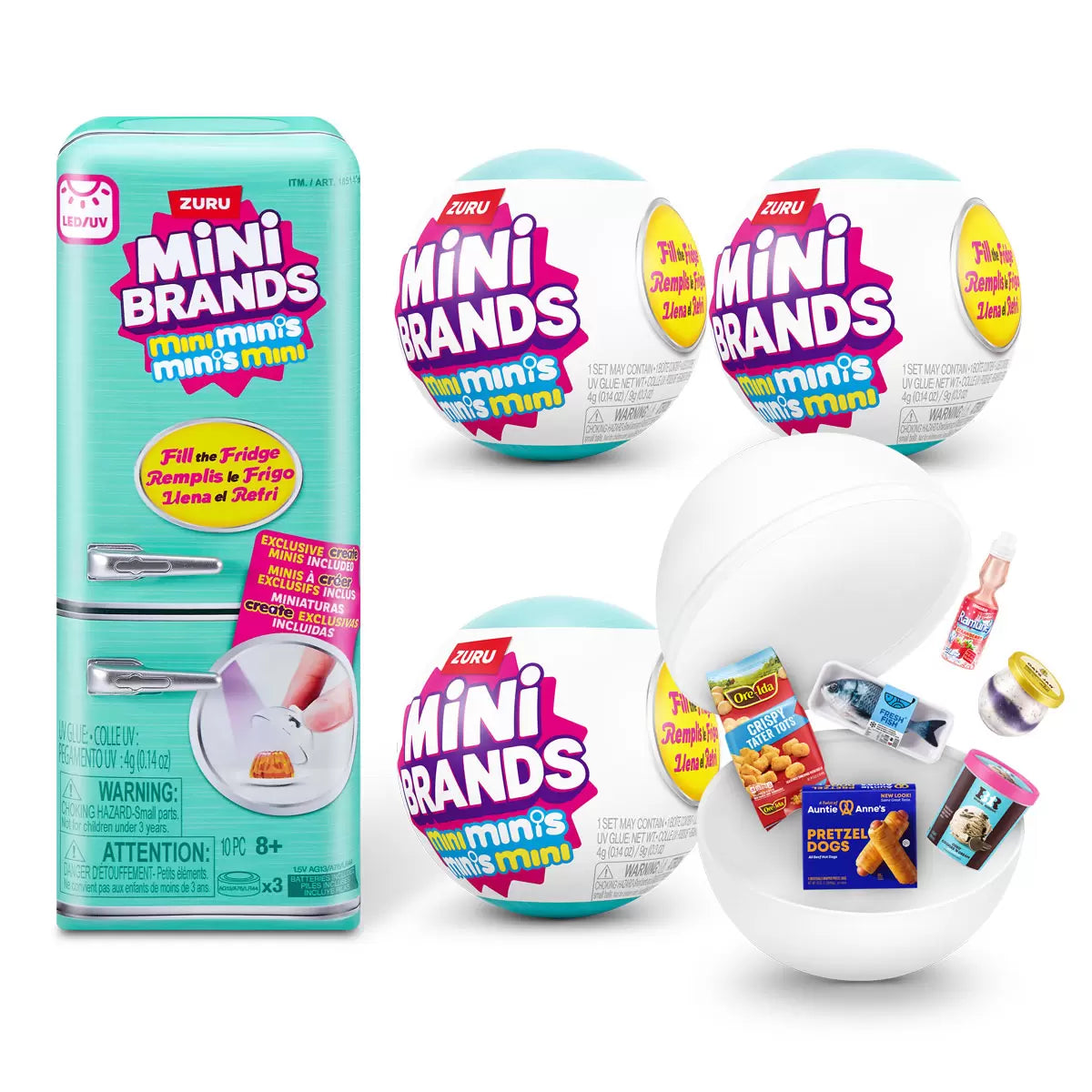 Front angle view of the Mini Brands Fill the Fridge playset showing an open mini refrigerator filled with miniature grocery items alongside five surprise capsules on a white surface.