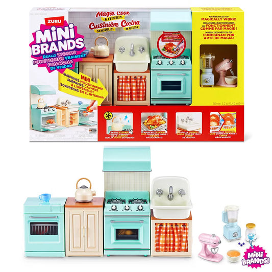 Colorful Mini Brands kitchen playset with mini mixer and blender capsules on a white background showcasing working stove and water tap features.