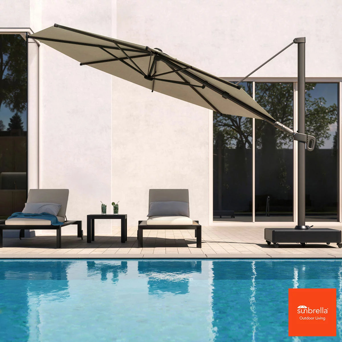 Beige Mirador 11ft Round Cantilever Umbrella providing shade over an outdoor dining set on a sunny garden patio.