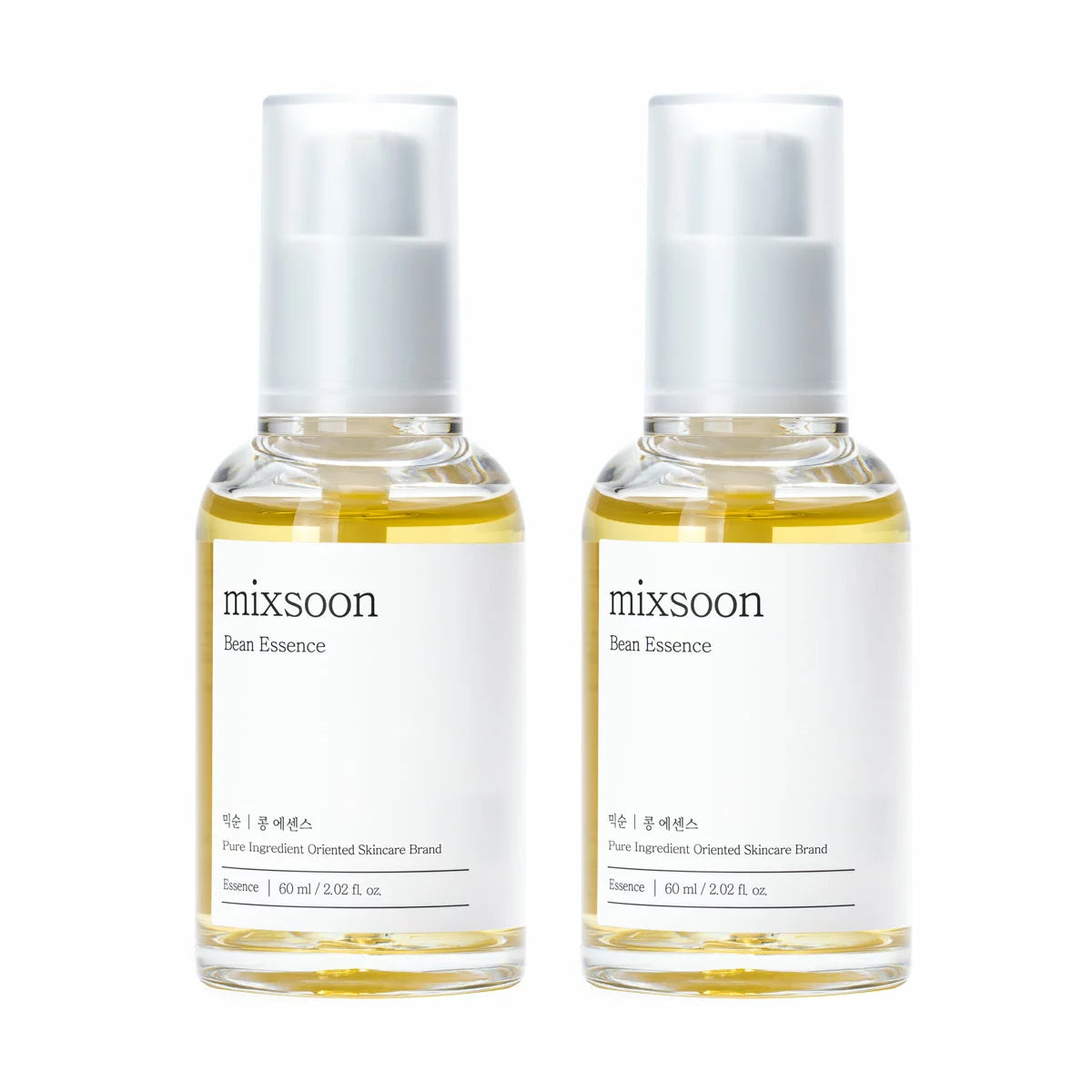 Two 60ml bottles of Mixsoon Bean Essence presented in their signature minimalist packaging.