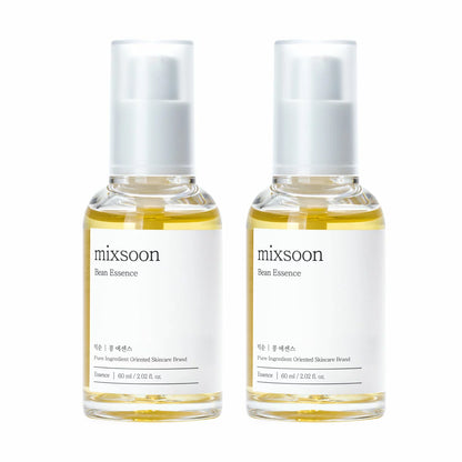 Two 60ml bottles of Mixsoon Bean Essence presented in their signature minimalist packaging.