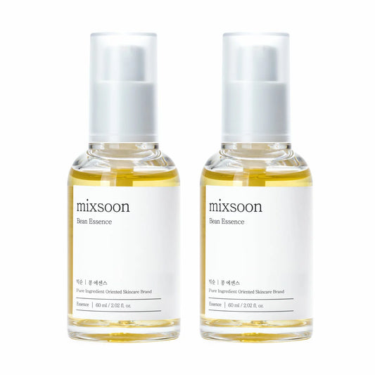 Mixsoon Bean Essence twin pack displaying two clear 60ml pump bottles filled with the signature amber-colored fermented skin serum.