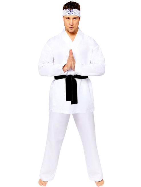 Front and back view of a person wearing the white Miyagi Do karate costume with black belt and printed tree logo on the back.