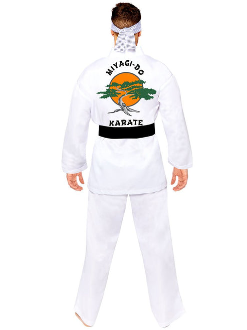Front and back view of a person wearing the white Miyagi Do karate costume with black belt and printed tree logo on the back.